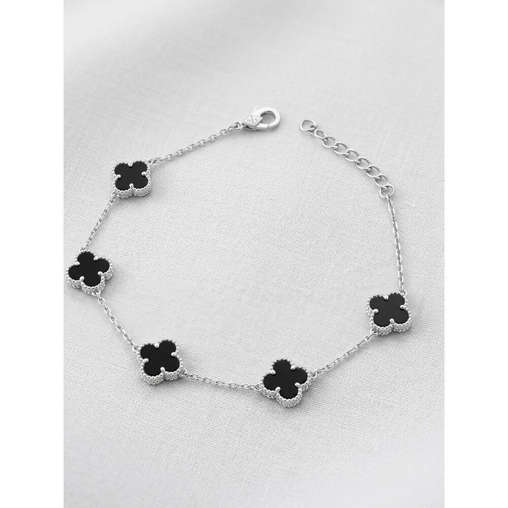 Sterling Silver Black Onyx Clover Bracelet Dainty Adjustable Chain, Lucky Charm
